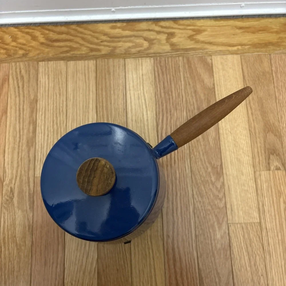 MCM Copco Michael LAX Design Holland Blue Enamel Fondue Pot Wood‎ Handle Vintage